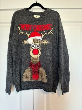 Men's Gray 'Merry Christmas' Reindeer Holiday Sweater